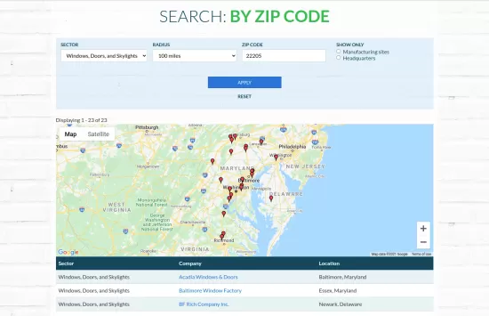 BuildingClean.org website, showing example of zip code proximity search