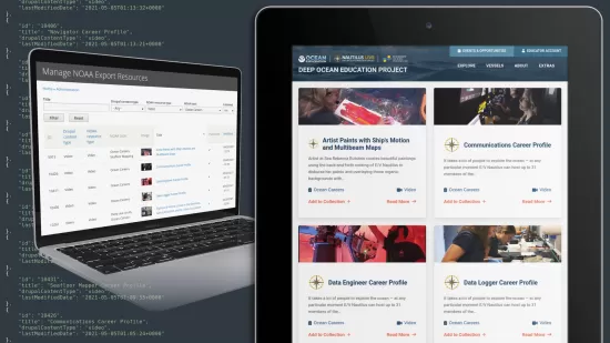 Collage showing Nautilus content on NOAA website, with Drupal content management tool, overlaid on JSON API output