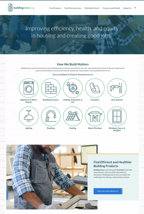 Screenshot of BuildingClean.org website after 2023 update