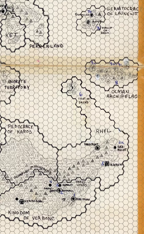 Old Dungeons & Dragons homebrew campaign map, drawn on hex paper