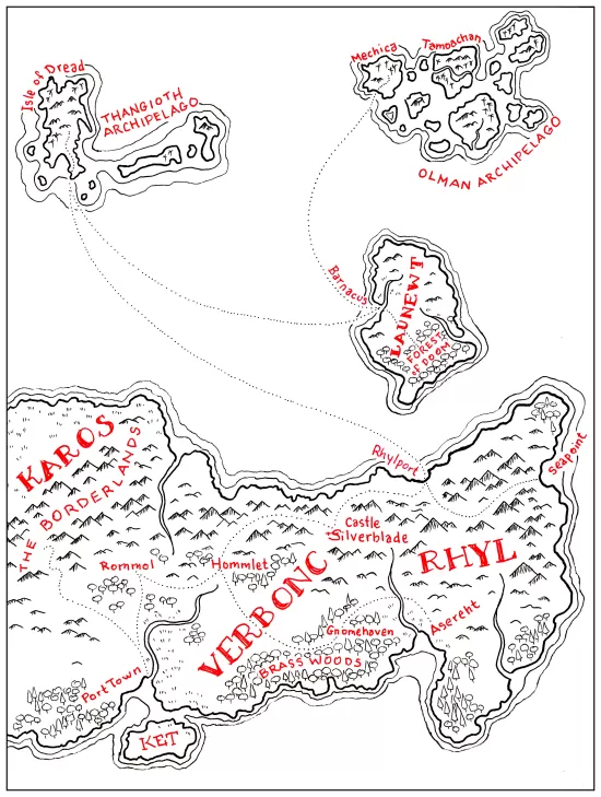 The same campaign map redrawn in a classic fantasy style
