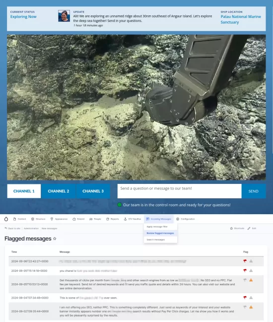 Screenshot showing Nautilus Live homepage message form atop a sample of flagged messages